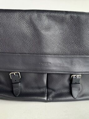 Coach Hudson Messenger Bag Black Pebbled Leather Men's Laptop Briefcase
